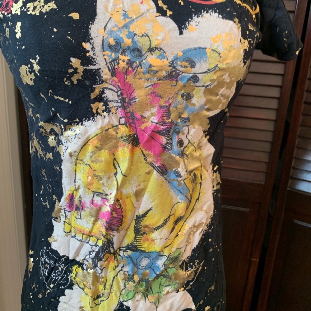 VINTAGE ED HARDY TSHIRT / size medium / skull & butterfly / short sleeve tunic - Picture 8 of 10